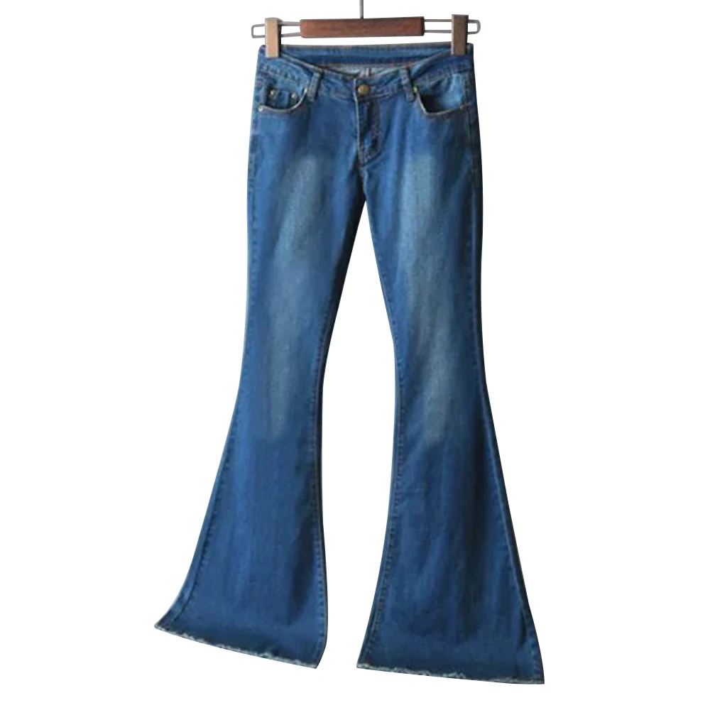 Новинка, весенние женские синие расклешенные джинсы со средней талией, женские сексуальные тянущиеся джинсы, модные широкие джинсовые брюки