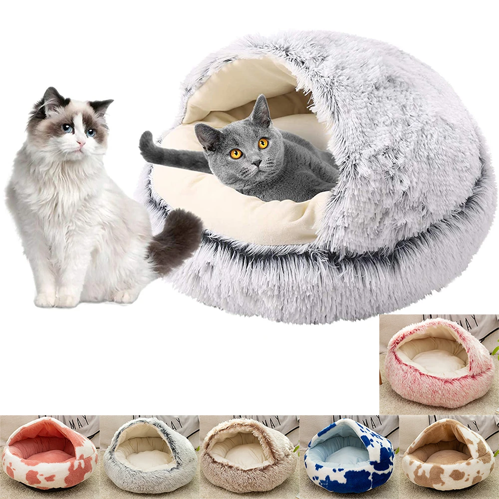 Pet Bed Round Soft Plush Burrowing Cave Hooded Cat Bed Donut for Dog