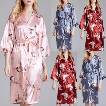

Sexy Sleepwear Women's Robes Satin Red-crowned Crane Print Bathrobe With Belt Bridesmaid gift Nightwear pyjamas women