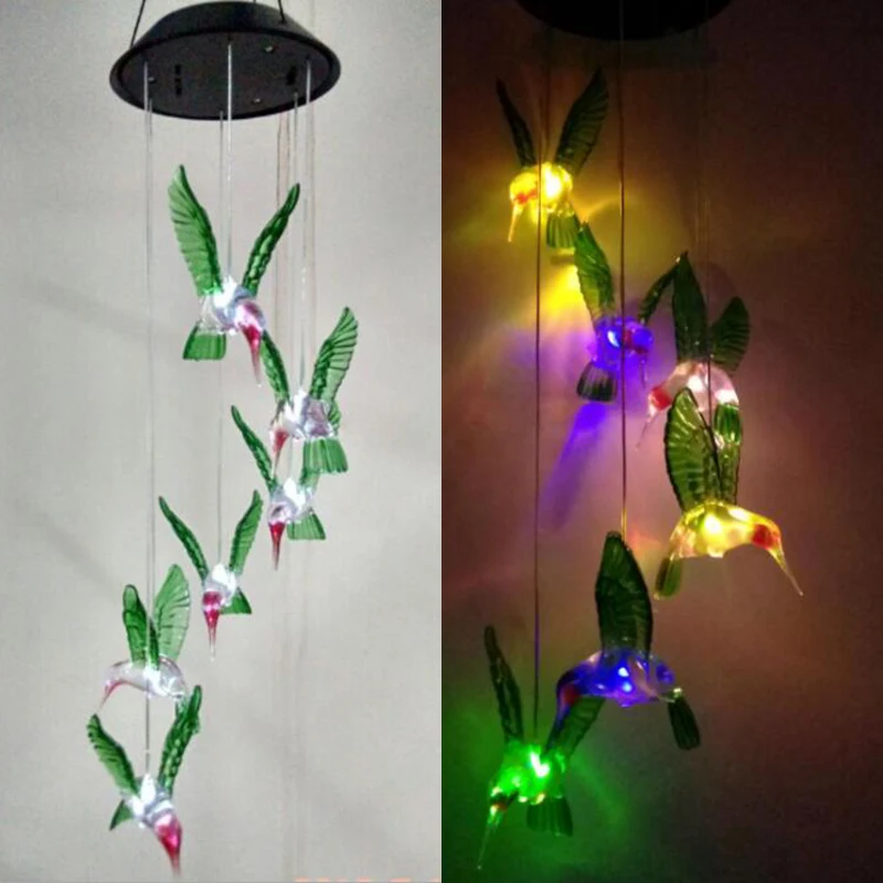 Wind Chimes Color Changing LED Solar Lamp Home Garden Solar Decor Outdoor Party Hummingbird Hanging Decoration Lamp