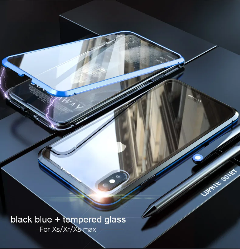 Переднее и заднее закаленное стекло для iPhone X/XS/XR/XS MAX 360 полная защита Магнитная Адсорбция чехол Полное покрытие экрана - Цвет: Black Blue