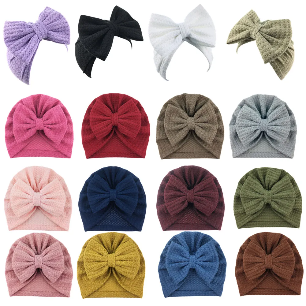30Pcs Baby Girls Waffle Hair Bow Turban Hats Knotted Head Wrap Oversized Beanie India Cap for Newborn Infant Toddlers