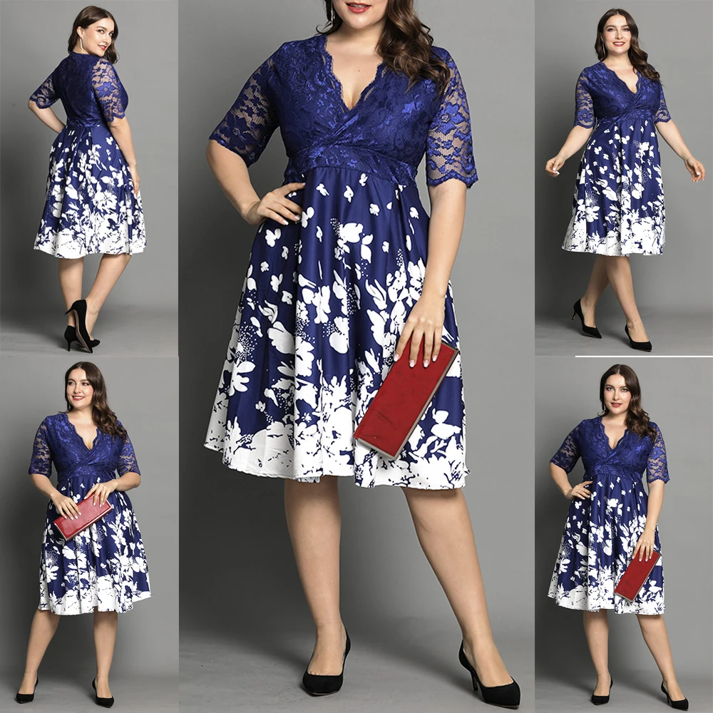 Robe grande taille imprimée à manches mi-longues avec col en V, collection printemps et automne 2