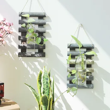 

American country retro woodblock wall plant hydroponic container pendant glass vase wall hanging wall decoration balcony pendant