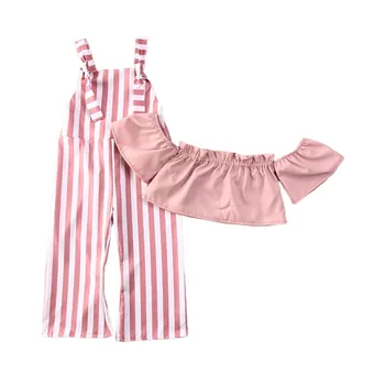 

Summer Infant Baby Girls Clothes Sets Pink Striped Off Shoulder T Shirts Tops+Solid Overalls Pants