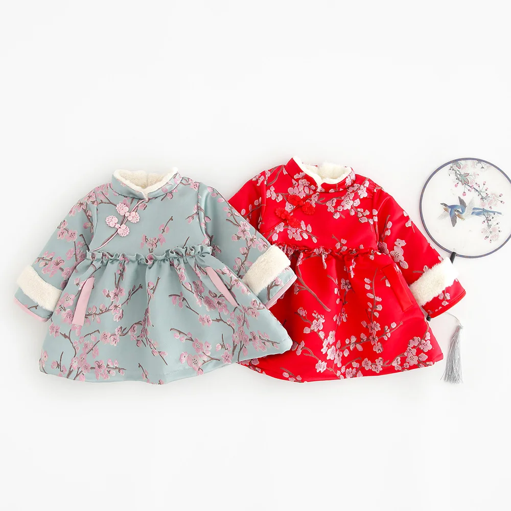 Halilo/платье для маленьких девочек зимняя бархатная Цветочная вышивка в китайском стиле; Новогодние Детские платья для девочек; одежда для малышей на день рождения