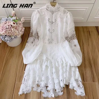 

LINGHAN Fashion Embroidery Silk linen Set Women's Hollow Bow Blouse + Asymmetry Mini Skirt Designer Runway New