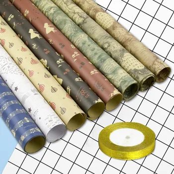 

10 Sheet Gifts Wrapping Packaging Paper with 1 Roll Glitter Ribbon for DIY Crafts Christmas New Year Valentines Random Style