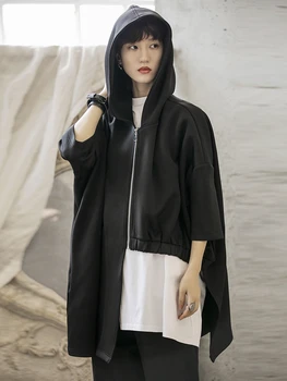 

Irregular Three-quarter-length Sleeve Outwear Stylish Oversized Hoodie Loose Vintage Frosty Style Solid Black Women's Sweatshirt