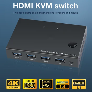 

2 Port HDMI USB KVM 4K Switcher Splitter for Sharing Monitor Keyboard Mouse Adaptive EDID/HDCP Decryption