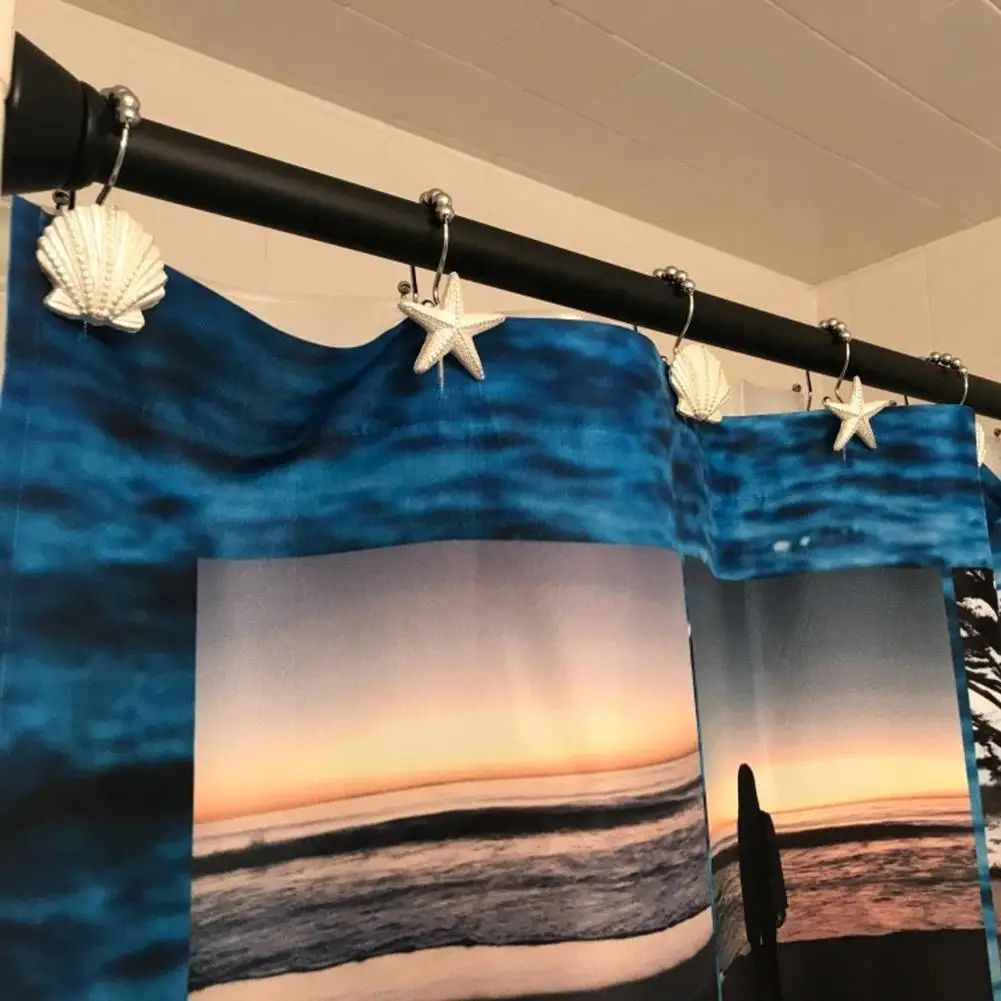 12PCS Stainless Steel Shower Curtain Double Hook White Starfish Shell Shape Mixed Resin Double Hook For Bathroom Curtain