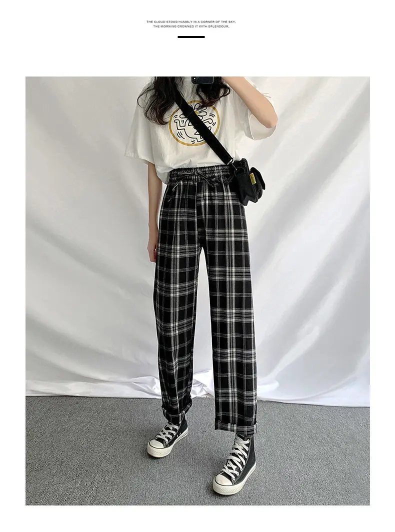 HOUZHOU Checked Black Loose Pants Women2020 Korean Style Plus Size Joggers Women Pants in a Cage For Trousers Women