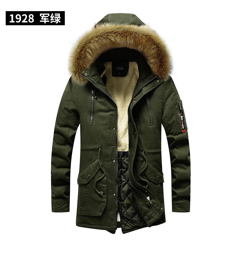 Army Green Зимние хлопковые стеганые куртки для мужчин с большим мехом и капюшоном, теплые ватные флисовые пальто, модные мужские военные утепленные парки, верхняя одежда, AU-164 - Цвет: Army Green