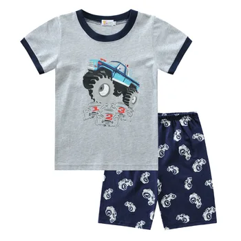 

Spring Summer New Boy Pajamas Suit Print Cartoon Car Children Home Clothing Sleep Set Cotton Gray Kids Nightwear Sleepwear