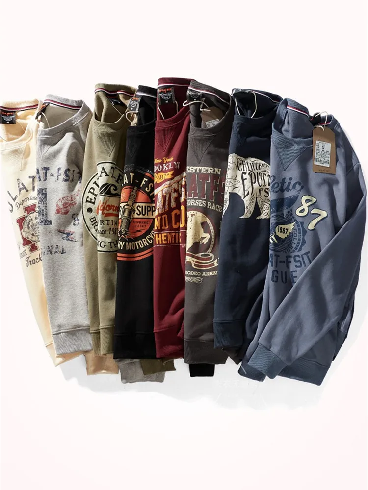 American Retro Terry Printed Hoodies Men's Pure Cotton Washed Old Round  Neck Pullover Knitted Long-sleeved Casual Sweatshirts - AliExpress