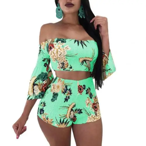 nike running shorts 2Pcs/Set Women Flower Print Pleated Off Shoulder Half Sleeve Crop Top Shorts bermuda shorts Shorts