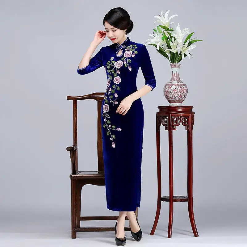 Цветочное женское винтажное платье Cheongsam, благородное, Новое поступление, Qipao, элегантное, негабаритное, для вечеринки, выпускного, сексуальное, мини, китайское платье, классическое, Vestidos - Цвет: Blue1