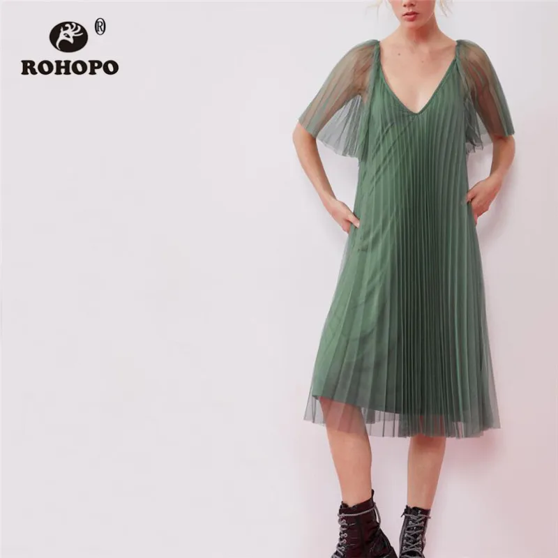

ROHOPO Butterfly Short Sleeve Mesh Tulle Green Midi Green Dress Double Layers Female Pleated Chic Party Solid Vestido #2293