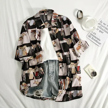 

Retro Short Sleeve Women Blouses Work Office Shirts Casual Tops Ladies House Print Oversized Shirt Summer Women Fashion Clothing
