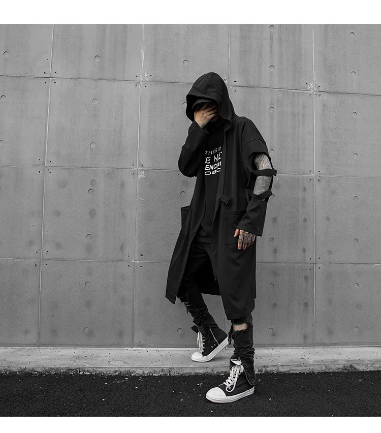 Men's sleeve ripped hole long trench coat hooded cloak man vintage punk hip hop cardigan oversized hoodie drop shipping