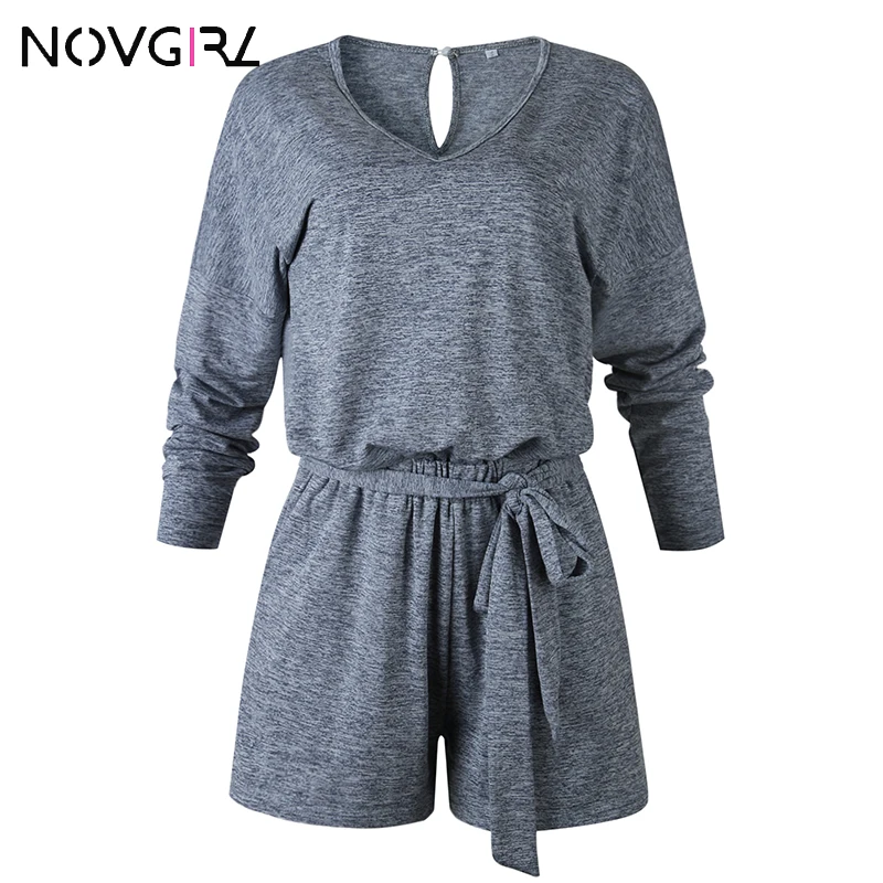 Novgirl/мягкий хлопковый комбинезон для женщин, осень, v-образный вырез, длинный рукав, пояс, широкие штанины, комбинезон с карманом, уличная одежда, повседневные Комбинезоны - Цвет: Серый
