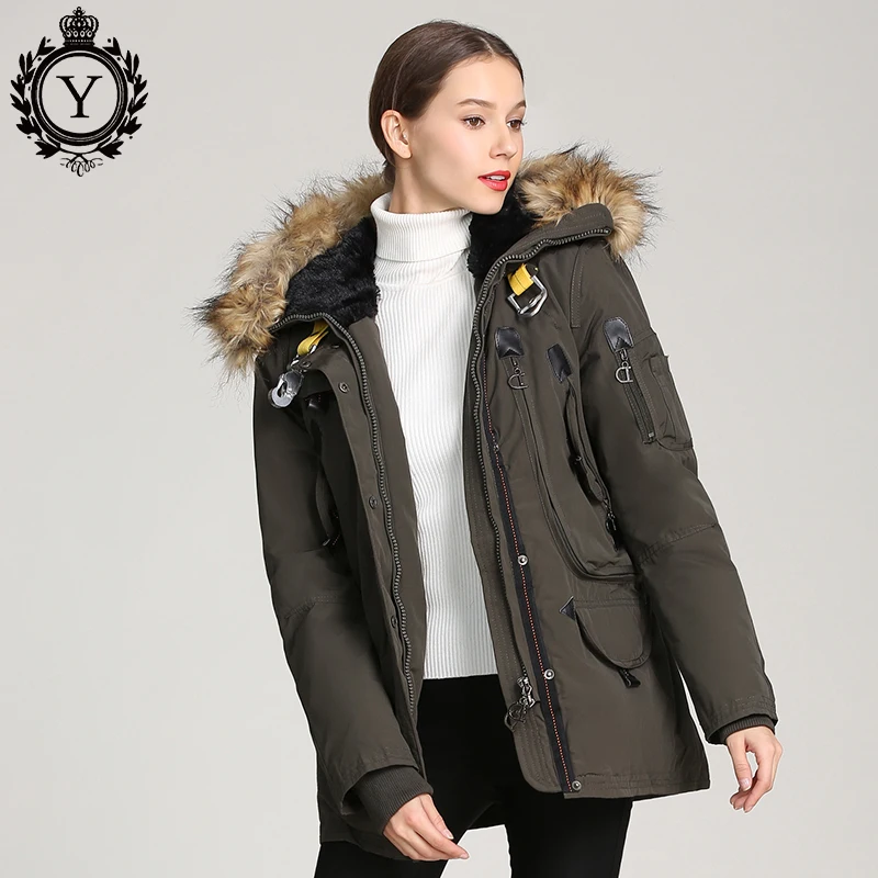 Günstige COUTUDI Multi taschen Winter Jacke Frauen Waschbären Pelz Kragen Mit Kapuze Mantel Warme Baumwolle Gepolsterte Weiblichen Parka 2019 Neue Sammlungen