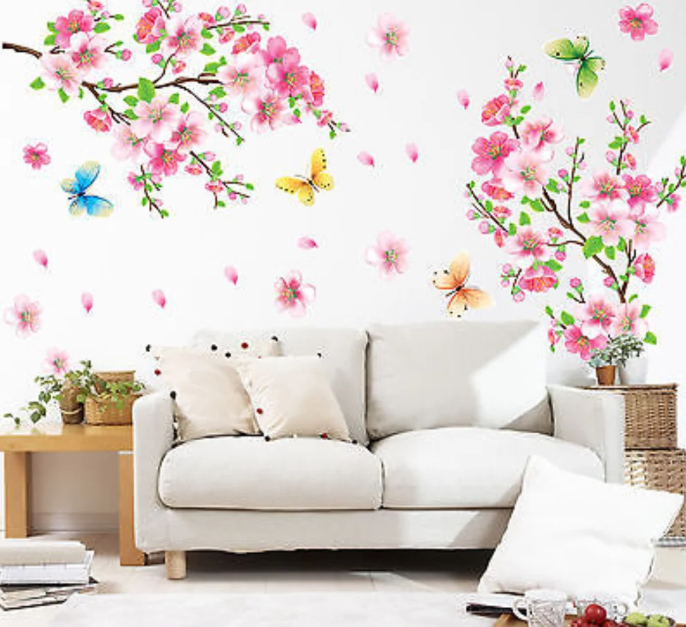 3d Pink Removable Peach Plum Cherry Blossom Flower Butterfly Vinyl Art ...