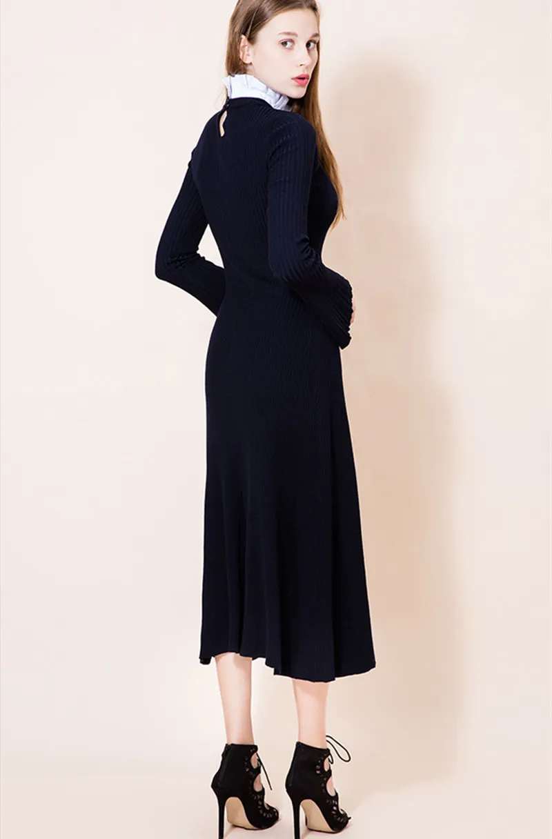 Tunjuefs, облегающее трикотажное платье с разрезом, для женщин, Vestido, с оборками, элегантное облегающее платье, Femme, пуловеры с длинным рукавом, Осень-зима