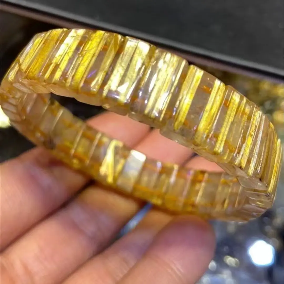 

Natural Gold Rutilated Quartz Bangle Bracelet For Women Lady Men Healing Wealth Luck Gift 12x5mm Beads Crystal Jewelry AAAAA