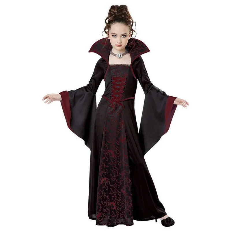 Костюм на Хэллоуин для детей, костюм вампира для девочек, красный, черный, средневековый костюм для девочек, Детский костюм, вечерние костюмы для косплея - Цвет: Бургундия