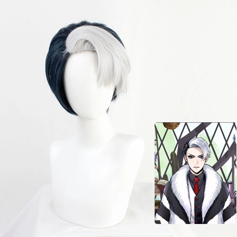 

Twisted-Wonderland Divus Crewel Cosplay Wigs Black Gray Mix Short Heat Resistant Synthetic Hair Halloween Party Role Play Wig