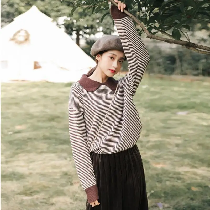 Johnature Autumn Winter Korean Simple Stripe Knitted Sweater Women Clothes 2020 New Preppy Style Turn-down Collar Loose Pullover | Женская