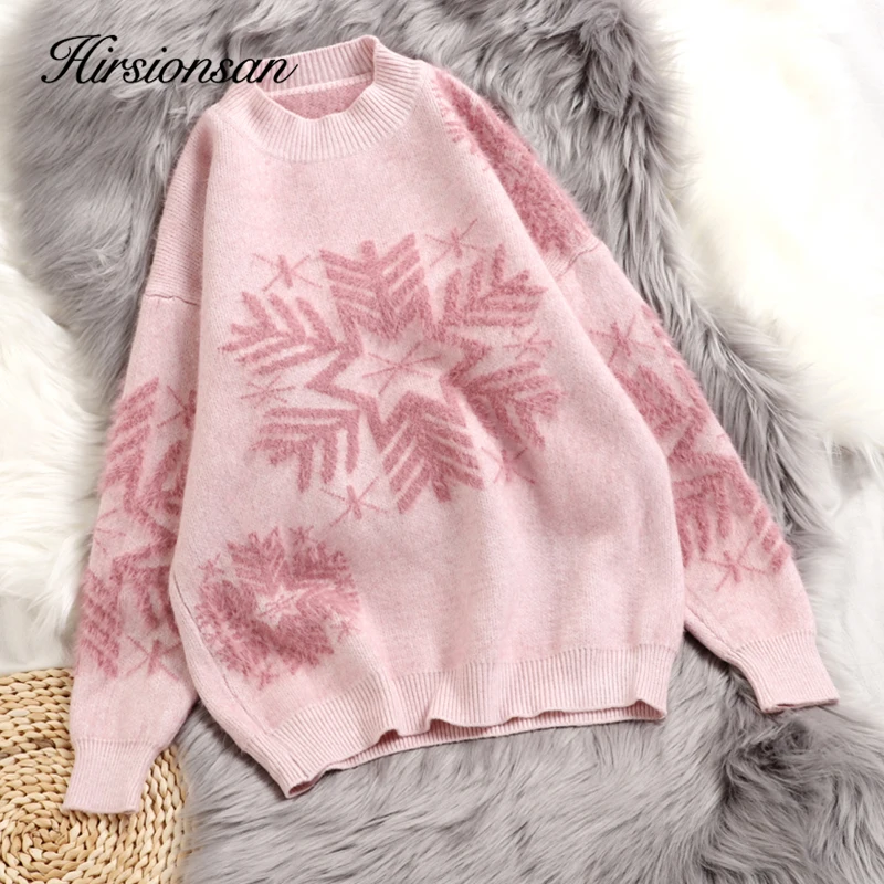 Hirsionsan Christmas Mohair Sweater Women Thicken Snowflake Pullover Winter Knitted Vintage Kawaii Soft Warm Casual Female Tops