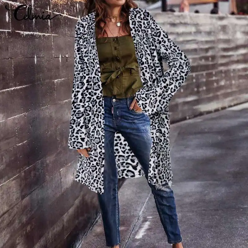 

Oversized Women Leopard Print Long Coats Tops Celmia 2019 Winter Warm Faux Fur Jackets Plus Size Vintage Casual Kimono Cardigan
