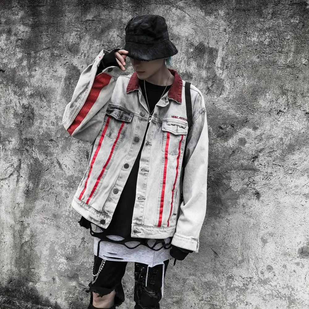 

Mens Red stripes Ripped Denim Jacket Mens Distressed Denim Jean Jackets Male Hip Hop Casual Streetwear