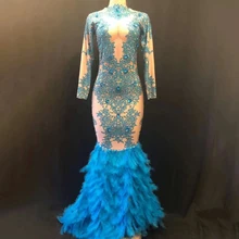 Новые блестящие стразы, Голубое перо, обнаженное платье, сексуальная вечерняя одежда, платья для дня рождения, костюм певицы, праздничная одежда DT1724