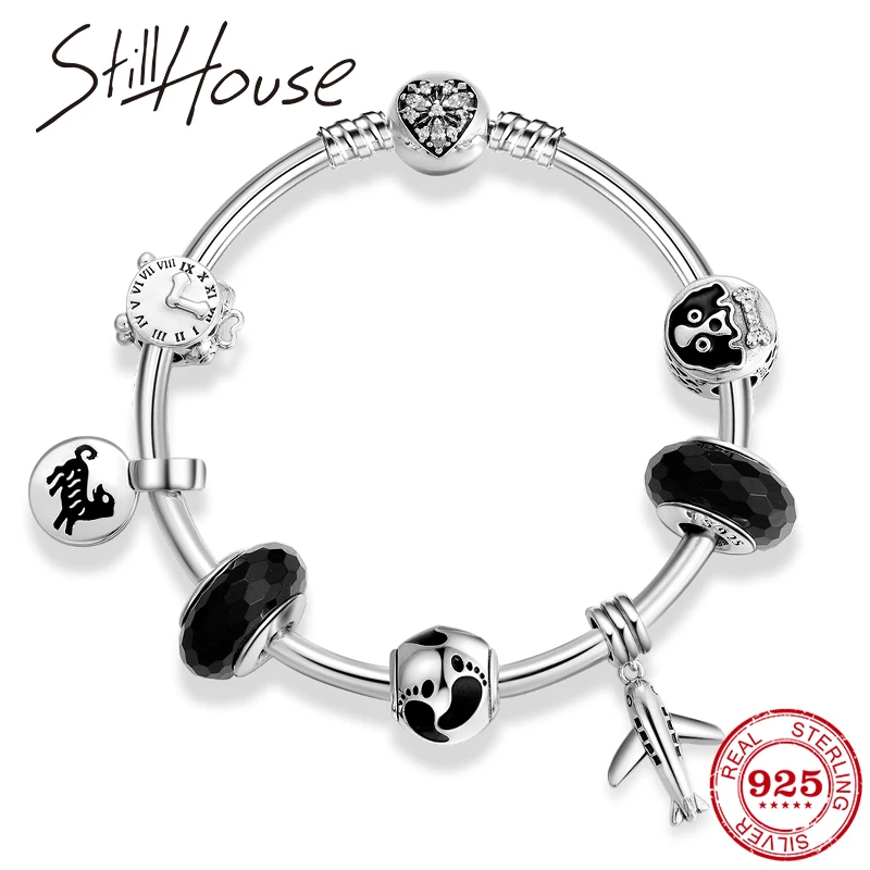 Подлинная 925 пробы Серебряный Черный Эмаль Кулон в виде собаки бусины Снежинка браслет для женщин DIY бусины браслеты