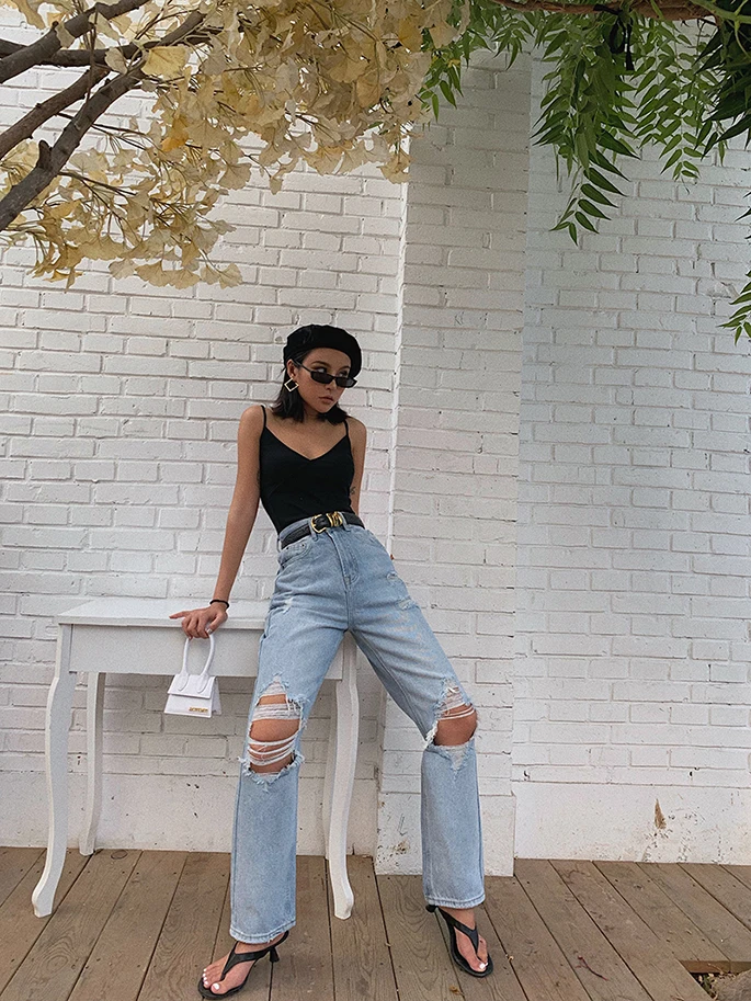 2019 Новая модная женская одежда рваные джинсы с высокой талией осенние Ретро свободные широкие брюки