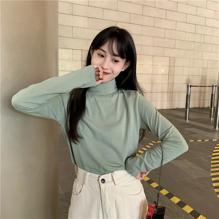 Qiu dong/качественная Стильная однотонная многоцветная Верхняя одежда без подкладки, футболка, Женский Топ с высоким воротом ba