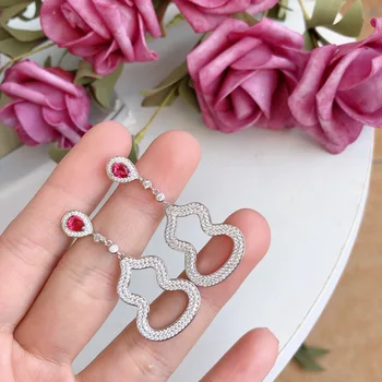 

925 sterling silver gourd earrings for women fashion Korean Style Trendy Crystal hollow red zircon earrings wedding jewelry gift