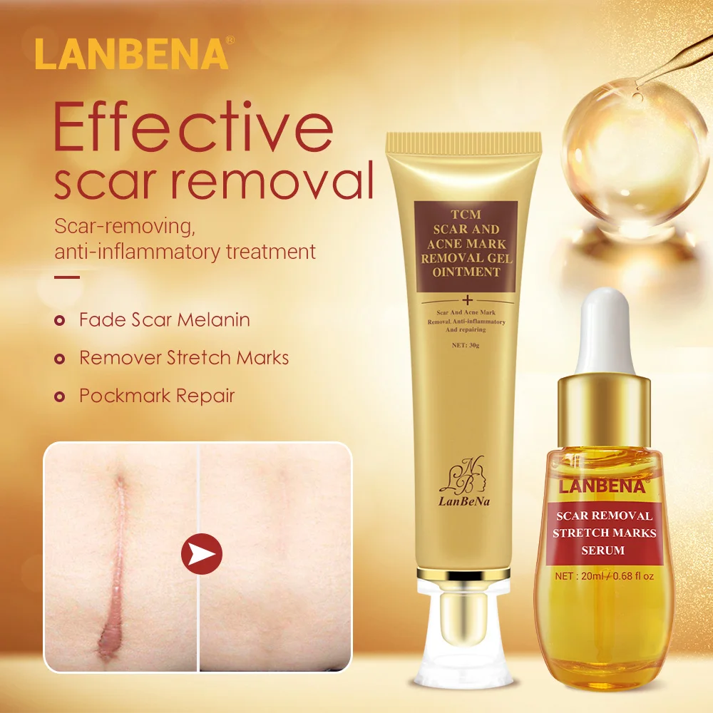

LANBENA Scar Remover Set Stretch Mark Gel Acne Scars Serum Damage Repair Weaken Scar Mark Pockmark Restore Smooth Skin Care 2pcs