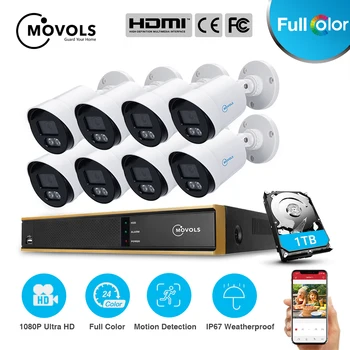 

MOVOLS Security Video System 8x Colorful Nightvision 2MP HD Waterproof CCTV Camera 8CH H.265 1080P DVR Recorder Surveillance Kit