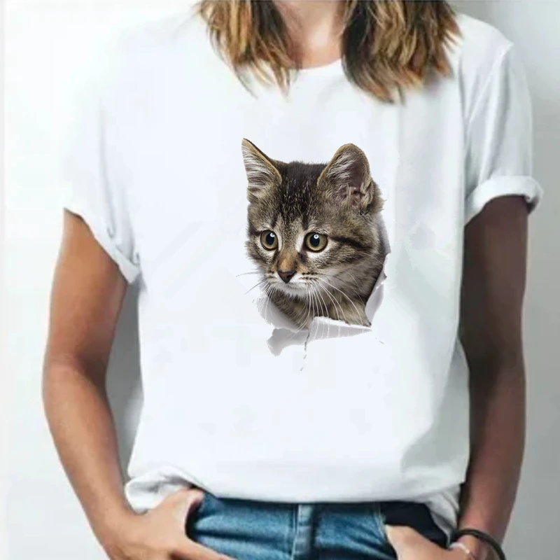 

Funny Summer Naughty Cat 3D Lovely T Shirt Women Printing Originality O-Neck Short Sleeve T-shirt Tops Tee