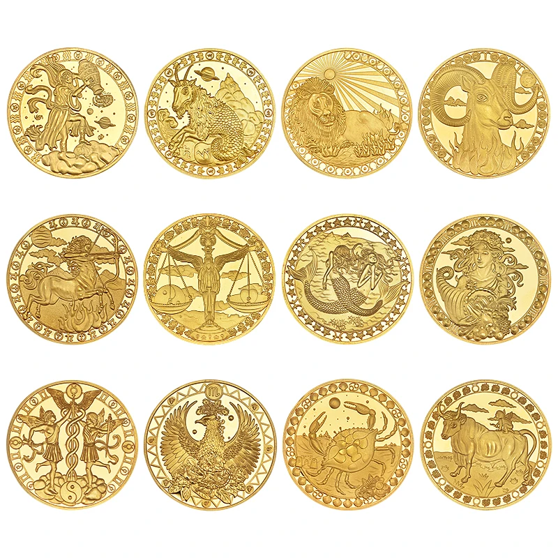 WR 12 созвездия зодиака позолоченные Коллекционные монеты оригинальные монеты набор держатель вызов монета креативный подарок Прямая поставка - Цвет: 12pcs coins