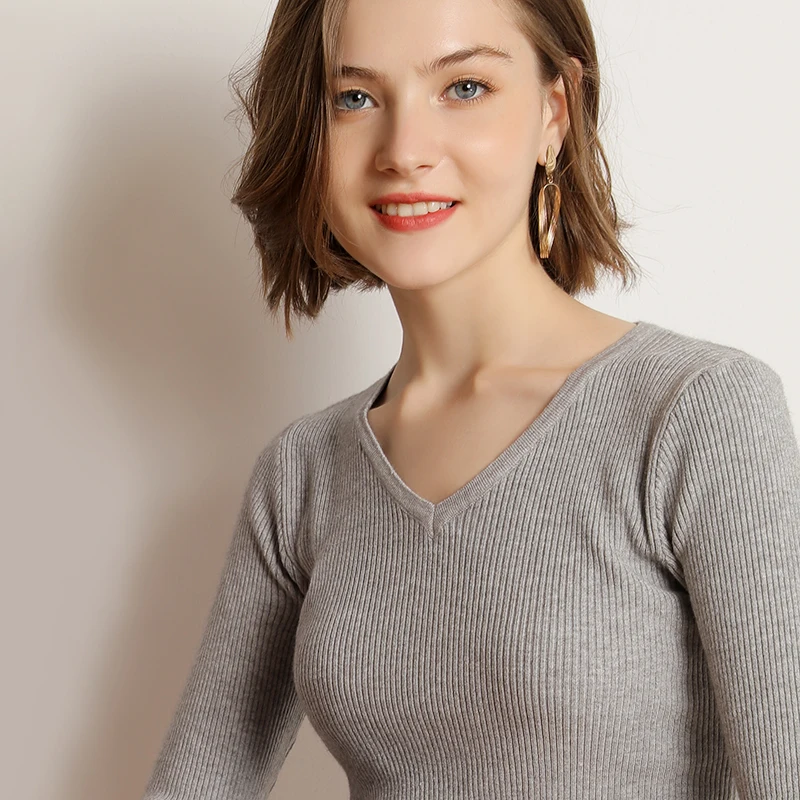 Высококачественный кашемировый Женский свитер-пуловер nouveaute длинный рукав v-образный вырез вязаный пуловер Женский Однотонный свитер - Цвет: Light grey