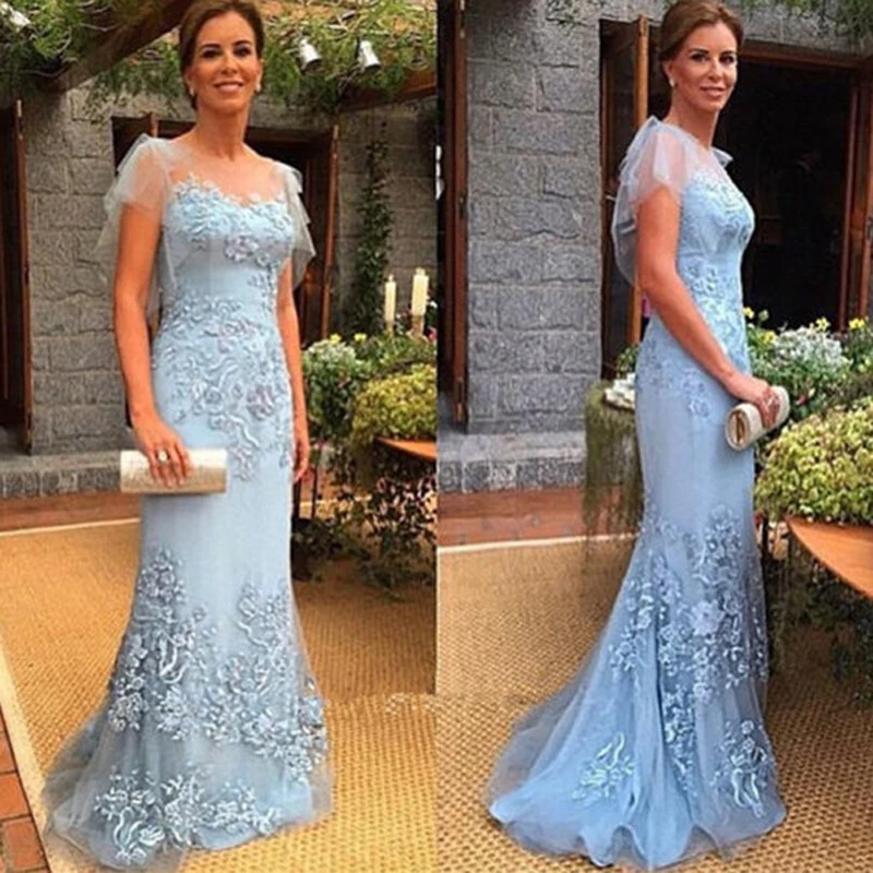 slim fit dress slacks Zapaka Women Blue Long Mother of The Bride Dress A-Line Embroidered Cap Sleeves Round Neck Wedding Guest Dress, Blue / US16 main image 1