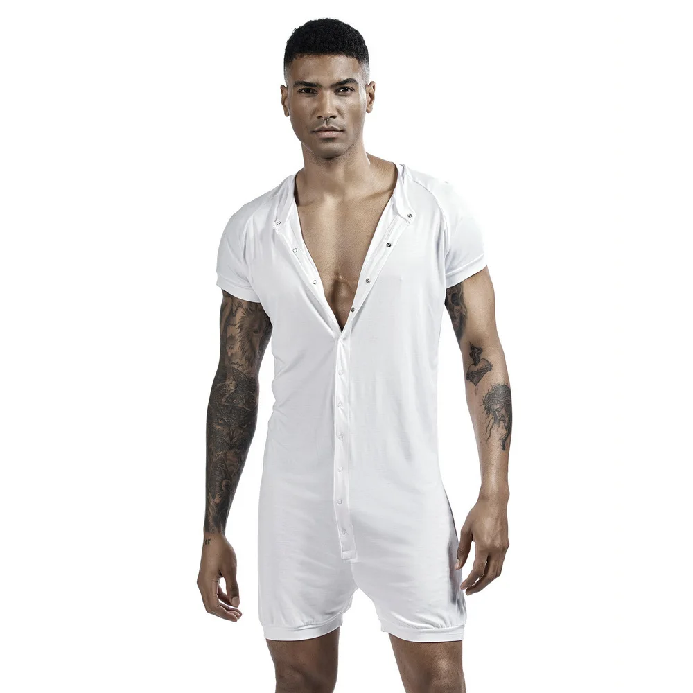2021 New Short Sleeve Jumpsuits Playsuits for Men Fashion Leisure Home Conjoined Pajamas Sleep Bottom Buttoned Up Homewear Male mens sleepwear set