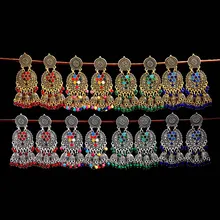 TopHanqi, новинка, индийские серьги Jhumka для женщин, золотые, серебристые, металлические, цветные бусины, большой колокольчик, цветок, резная кисточка, висячие серьги