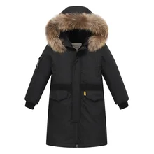 Детское зимнее пуховое пальто Настоящий мех, воротник, детская теплая верхняя одежда с капюшоном, пальто для мальчиков-подростков 5-16 лет, парки-30 градусов, TX046