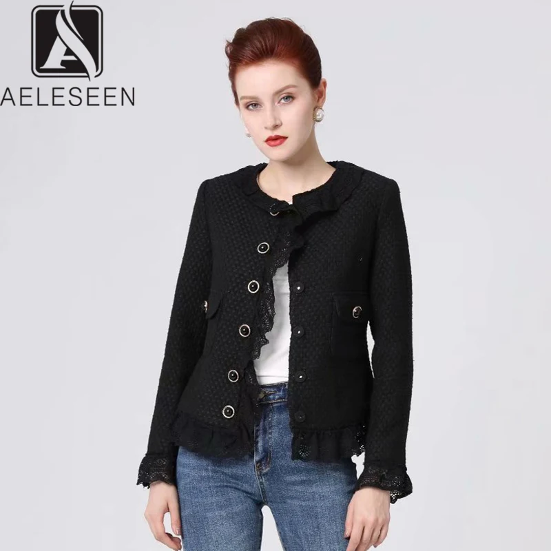 

AELESEEN 2020 Spring Vintage Tweed Jacket Office Lady English Style Luxury Lace Ruffles Elegant Flare Sleeve Short Top Women
